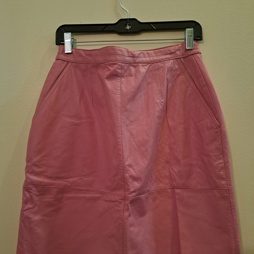 Vintage Pink Leather Pencil Skirt High Waisted‎ Midi with Pockets Waist 30" - Picture 2 of 13